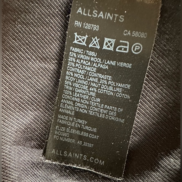 ALL SAINTS Italian Cloth Black Vest Virgin Wool + Alpaca - Size US 6 - Picture 7 of 7